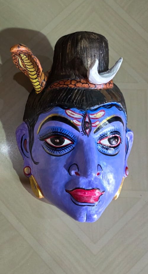 Blue Shiva mask with crescent moon, cobra, and third eye